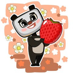 Cute kid Teddy panda Bear stretches out his hand offering treat. He wants to present big strawberries. Funny animal baby. Illustration for children. Isolated on white background. Vector