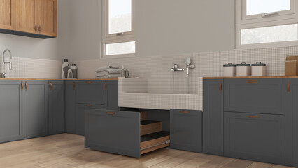 Mudroom in gray tones interior design, pet friendly laundry room with dog bath shower with mosaic tiles, faucet and wooden ladder inside a drawer. Parquet floor, space devoted to pet