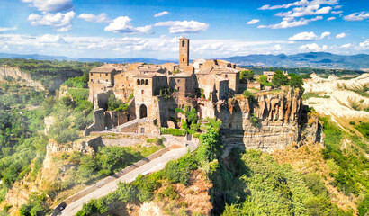 Amazing aerial view of Civita di Bagnoregio landscape in summer season, Italy. This is a famous medieval italian town