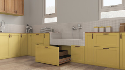 Mudroom in yellow tones interior design, pet friendly laundry room with dog bath shower with mosaic tiles, faucet and wooden ladder inside a drawer. Parquet, space devoted to pet