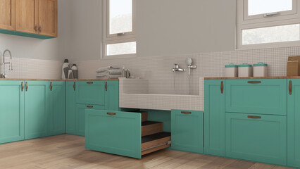 Mudroom in turquoise tones interior design, pet friendly laundry room with dog bath shower with mosaic tiles, faucet and wooden ladder inside a drawer. Parquet, space devoted to pet