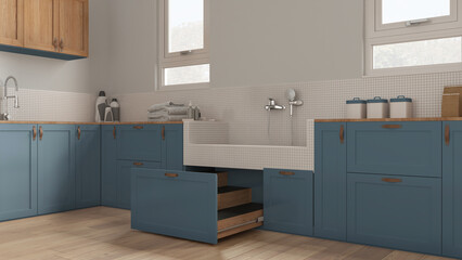 Mudroom in blue tones interior design, pet friendly laundry room with dog bath shower with mosaic tiles, faucet and wooden ladder inside a drawer. Parquet floor, space devoted to pet