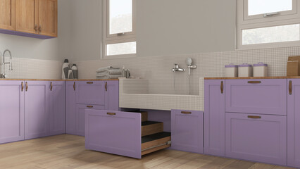 Mudroom in purple tones interior design, pet friendly laundry room with dog bath shower with mosaic tiles, faucet and wooden ladder inside a drawer. Parquet, space devoted to pet idea