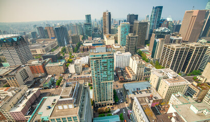 Fototapeta na wymiar Vancouver, Canada - August 10, 2017: Aerial wide angle view of Downtown Vancouver on a sunny day