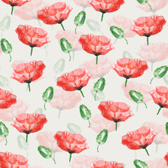 Blooming red poppies on the field watercolor seamless pattern. Template for decorating designs and illustrations.	