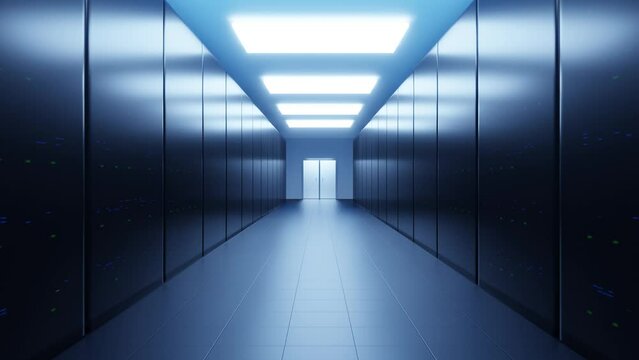 Server Room of Data Center or ISP - dolly shot with moving straight ahead. Light corridor with dark glass server cupboard. 3D render footage of server cabinets with twinking lights.