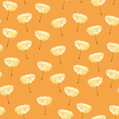 Fototapeta na wymiar Dandelions on orange watercolor seamless pattern. Template for decorating designs and illustrations. 