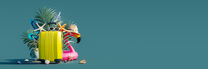 Yellow travel luggage with pink flamingo and summer accessories on green background 3D Rendering, 3D Illustration © hd3dsh