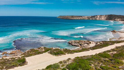 Fototapeta na wymiar Pennington Bay is a wonderful beach in Kangaroo Island, South Australia. Aerial view from drone