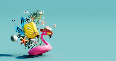 Pink flamingo inflatable belt with summer accessories on turquoise blue background 3D Rendering, 3D Illustration © hd3dsh