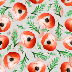 Poppy spots and leaves watercolor seamless pattern. Template for decorating designs and illustrations.	
