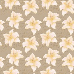Seamless decorative pattern, with yellow lily flowers on a brown background 
