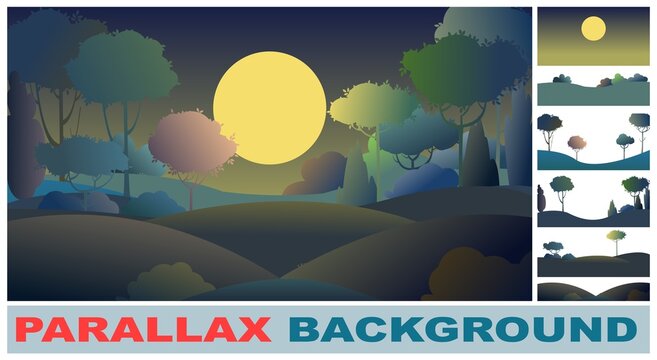 Silhouette night landscape. Set parallax effect. Big moon. Moonlight. Darkness. Cartoon style. Hills grass and trees. Cool romantic pretty. Flat design background illustration. Vector