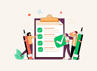 Business people studying list of rules, reading guidance, making checklist. Vector illustration for company order. - obrazy, fototapety, plakaty