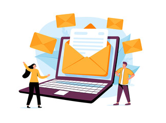 Writing professional email and business communication tiny person concept. Write new digital letter using computer.