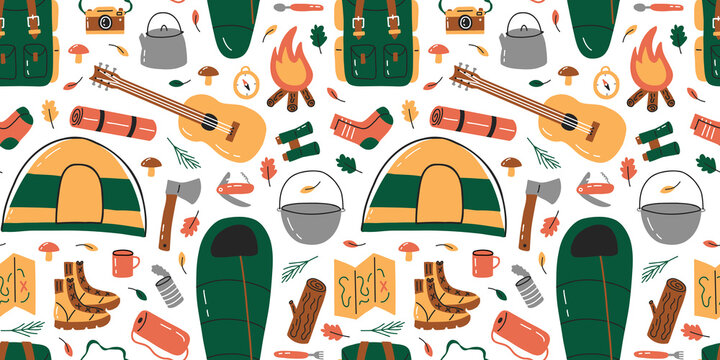 Seamless pattern of travel tools. Camping and hiking equipment. Hand drawn flat style. Vector illustration.
