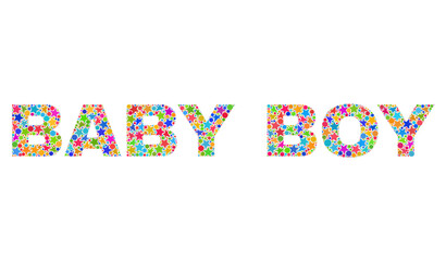 BABY BOY caption with bright mosaic flat style. Colorful vector illustration of BABY BOY caption with scattered star elements and small dots. Festive design for decoration titles.