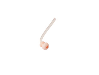 Hearing aid replacement eartip dome with silicone tube isolated on white background. Hearing aid accessories.