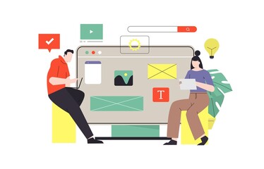 Designers doing presentation, working on new project. Web designers team prototyping new website, landing page or mobile application. Teamwork concept vector illustration
