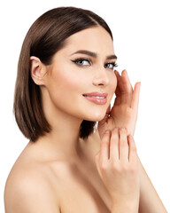 Obraz na płótnie Canvas Beauty Woman Face Skin Care. Smiling Model with Perfect Natural Make up and Hands on Cheeks looking at camera isolated White. Women Manicure and Cosmetics. Spa Massage and Face Lift Cosmetology