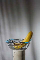 Sweet ripe tasty yellow banana in shopping cart or small grocery basket on grey stand in harsh light. Vertical shot, copy space