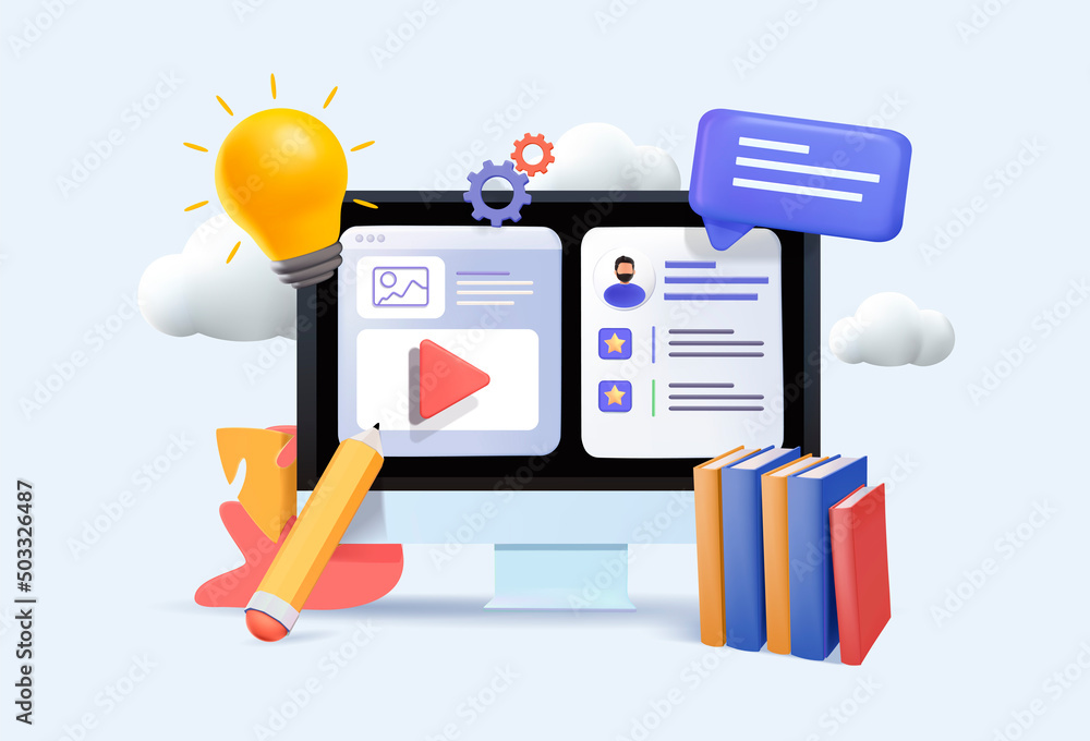 Poster 3d web vector illustrations. online concept. computer with open pages. e-learning design over backgr