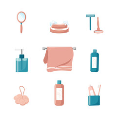 Fototapeta na wymiar A set of bathroom items in pink and blue tones. Toothbrush, towel, shampoo. Vector illustration in cartoon style isolated on white background
