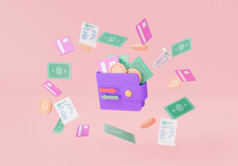 3d wallet with money icon floating on pink background. online payment. Cashback and refund money, money transfer.wallet, credit card, coin and bill. Money online concept. 3d render illustration - obrazy, fototapety, plakaty