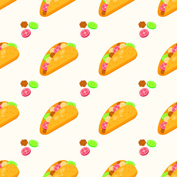 Seamless Pattern Abstract Elements Fast Food Tacos Vector Design Style Background Illustration Texture For Prints Textiles, Clothing, Gift Wrap, Wallpaper, Pastel