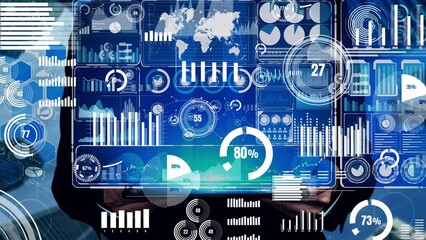 Big Data Technology for Business Finance Analytic conceptual. Modern graphic interface shows massive information of business sale report, profit chart and stock market analysis on screen monitor. - Powered by Adobe