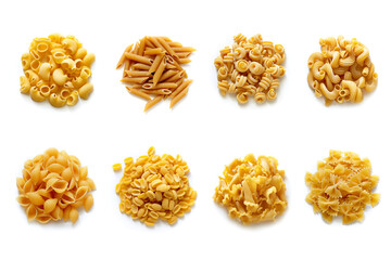 Italian cuisine. Pasta collection, different  types of pasta on white: spaghetti, macaroni,...