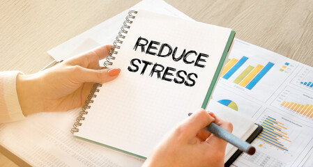 A business woman sitting at a table in a light office holds a notebook with notes in her hands, against the background of business charts and business documents. Close-up, soft light.