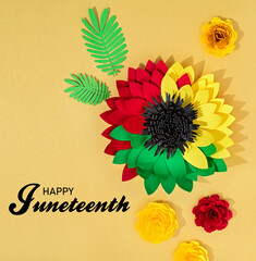 Creative background for Juneteenth African American Holiday. Handcraft flower in Pan-African colours