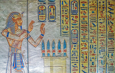 Frescoes inside of the ancient necropolis Valley of the Queens, Luxor, Egypt, Africa