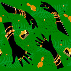 print with gold chains on black hands