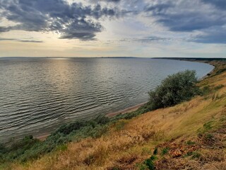 Wide sandy bank of a large river. Ulyanovsk