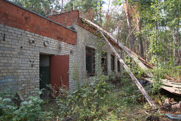 destroyed brick buildings on the territory of an old children's camp in the summer forest. Ulyanovsk