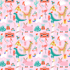 Fototapeta na wymiar Christmas seamless pattern with cute funny animals