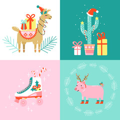 Christmas cards with cute funny animals, cactus and retro roller skate