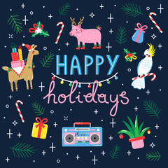 Happy holidays. Cute greeting card with funny animals