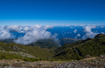 Panoramic View from Pico Ruivo peak towards the refuge and Achada do Teixeira area on Madeira island of Portugal. October 2021