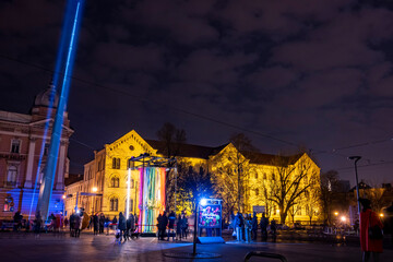 Long exposure of Zagreb city buildings painted with light beams during festival of light