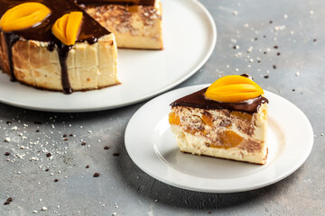 Cheesecake peaches. delicious sweet dessert piece of cheesecake