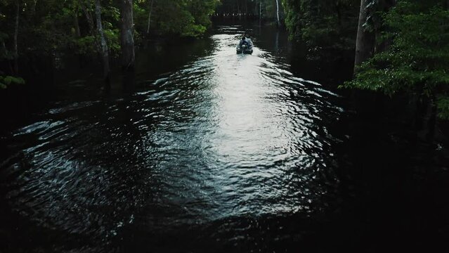 Forest Boat Trees River Green Plants Amazon Rain Forest Amazonia Brazil Aerial Drone Shot