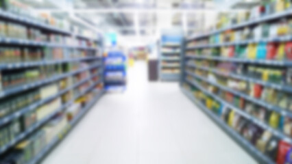 Abstract blur image of supermarket background. Defocused shelves with goods and product. Grocery. Retail industry. Rack. Discount. Inflation and crisis concept. Aisle. Shopping mall. Big company store