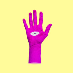 Bright painted pink palm hand with eye in the middle on yellow background. Contemporary art collage. Minimalism.