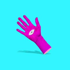 Vibrant painted pink palm hand with eye in the middle on blue background with shadow. Contemporary art collage. Minimalism.