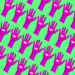 Fototapeta premium Pattern of bright painted pink or purple palm hands with eye in the middle on green background. Contemporary art collage. Minimalism.