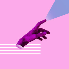 Bright painted purple hand touches light by finger and shows to the right on pink background. Contemporary art collage. Connecting people.