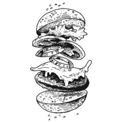 Vector illustration of a hamburger separately. Hand-drawn sketch. Vintage style engraving. Burger in flight